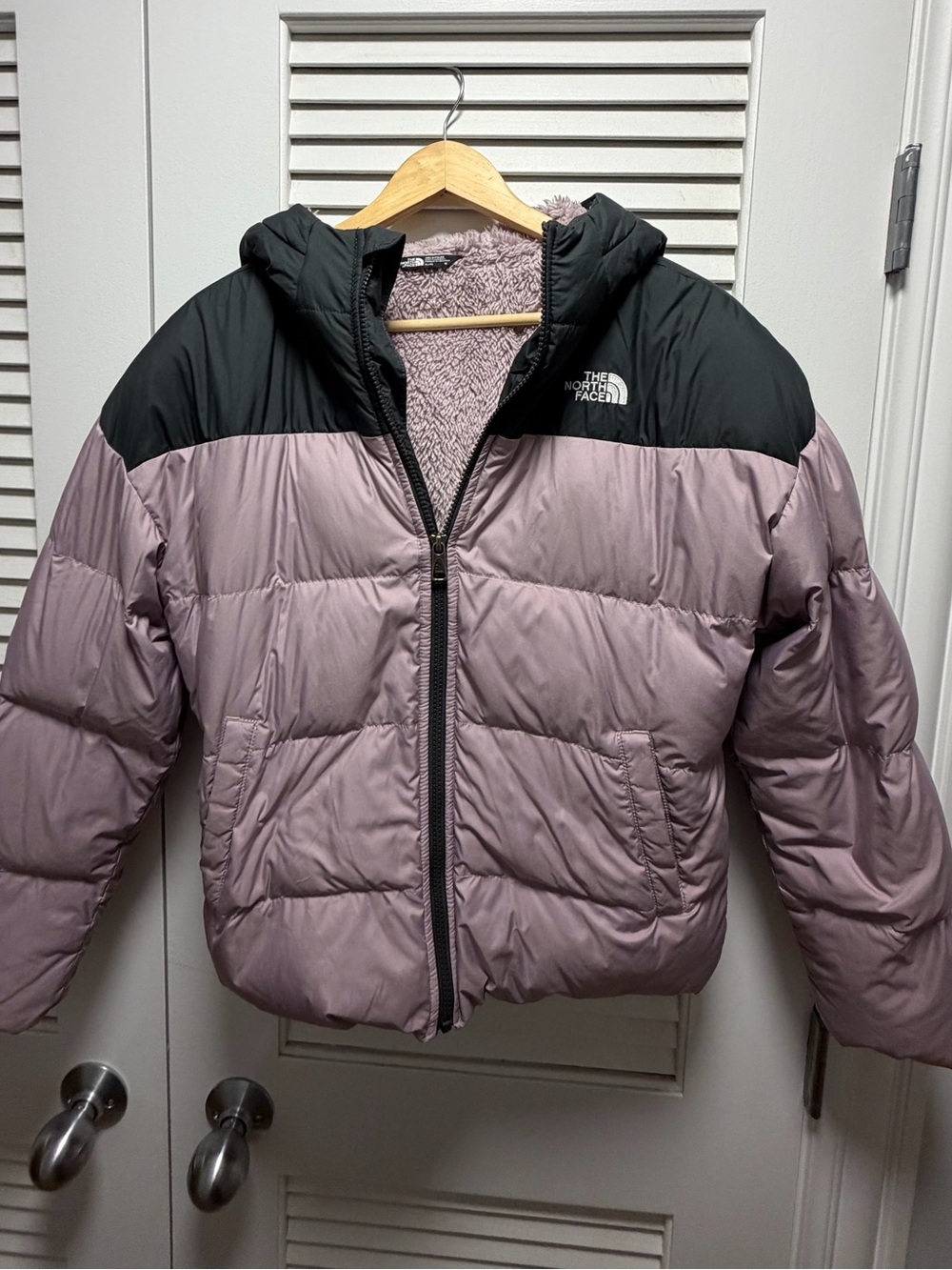 The North Face Kids Hooded Two-Tone Puffer Jacket in light purple and Black gril